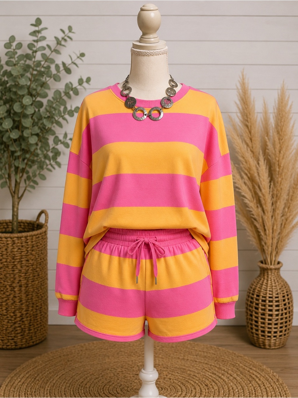 Striped Pink & Yellow Women's Short Set